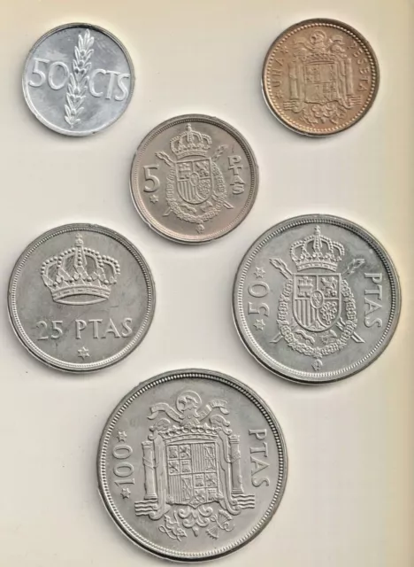 1975 Spain UNC 6 Coin Set - Juan Carlos - 50c, 1, 5, 25, 50, 100 Pesetas - 24736