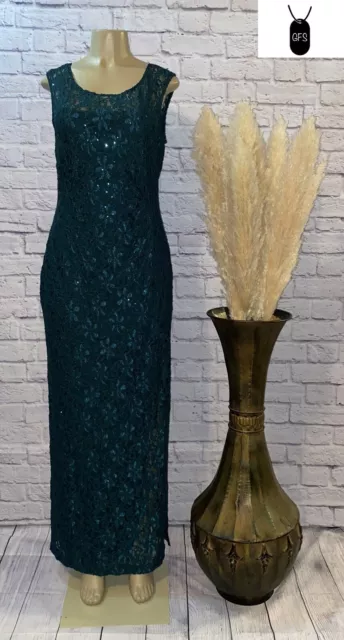CONNECTED APPAREL Evening Gown Dress Cowl Neck Sequin Lace Slit- Hunter Green