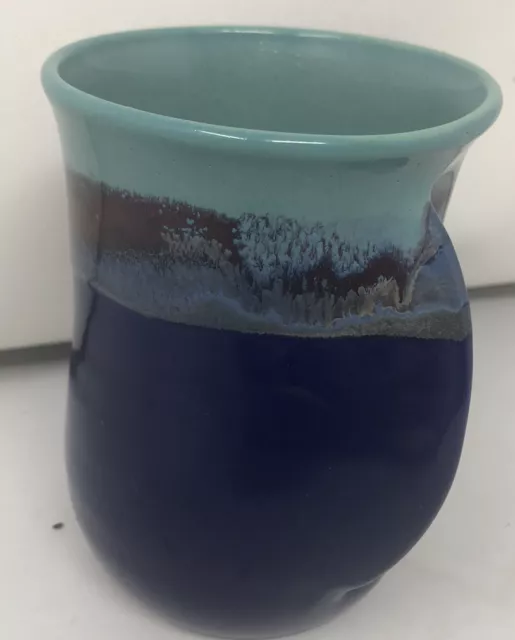 Clay in Motion Blue hand warmer mug 5” tall Left Handed Signed Ceramic Cup