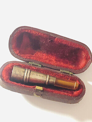 (60) Antique Sterling Silver Amber Cheroot And  Leather Case Birmingham
