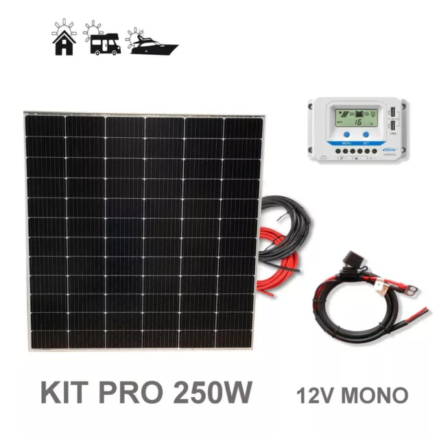 Panel Solar Monocristalino KIT 250W 12V células PERC. Autocaravana, camper