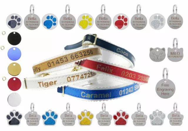 Personalisiertes Leder graviertes Halsband Katze/Kätzchen & graviertes Ausweis Haustier Tag Combo