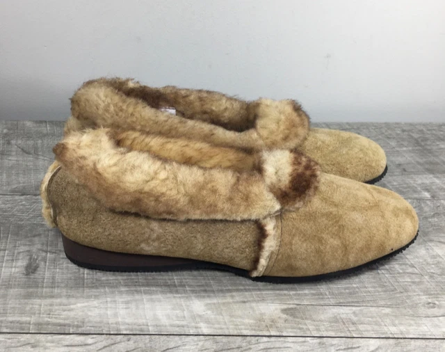Dodson Brown Leather Shearling Lined Winter Womens Vintage Shoes Slippers 7