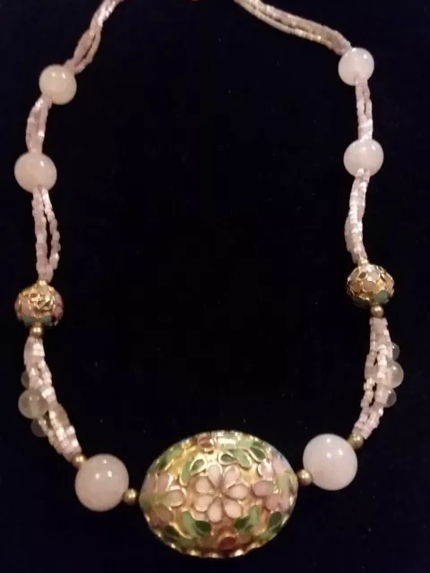 Beautiful Chinese Export Pink Rose Quartz beads & Cloisonne Bead Necklace 16".