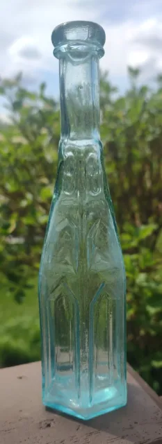 Antique 6 Sided Cathedral Aqua Blue Pepper Sauce Bottle 8 1/2 Inches