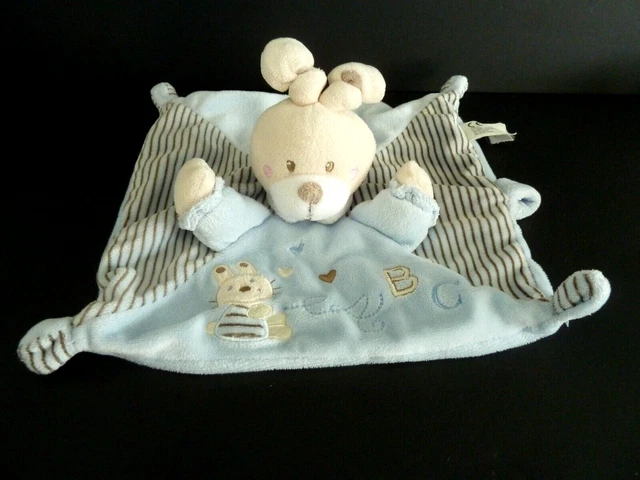 *. DOUDOU PLAT SIMBA NICOTOY LAPIN BLEU OREILLE NOUEE abc RAYE  ATT. TETINE TBE