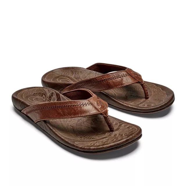 NEW $130 OLUKAI Hiapo Leather Sandals Men’s Flip Flops Rum / Dark Wood ...