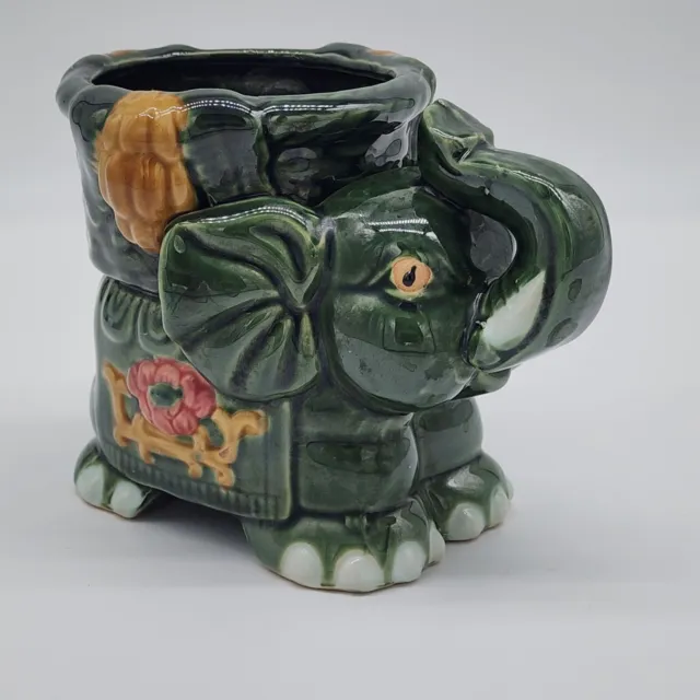 Green Elephant Planter Mid Century Lucky Trunk Up Vase Majolica Style 5" Vintage