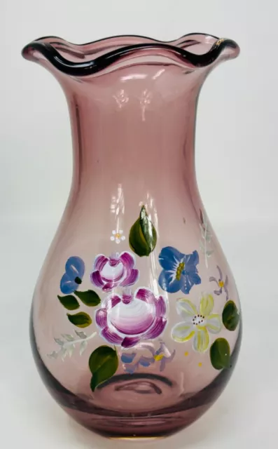 Fenton Glass Vase For Teleflora Amethyst Hand Painted Flowers Ruffled Edge 8.5”