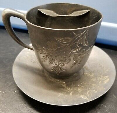 Vintage Handcrafted Quadruple Silver Plated Ornately Etched Teacup and Saucer