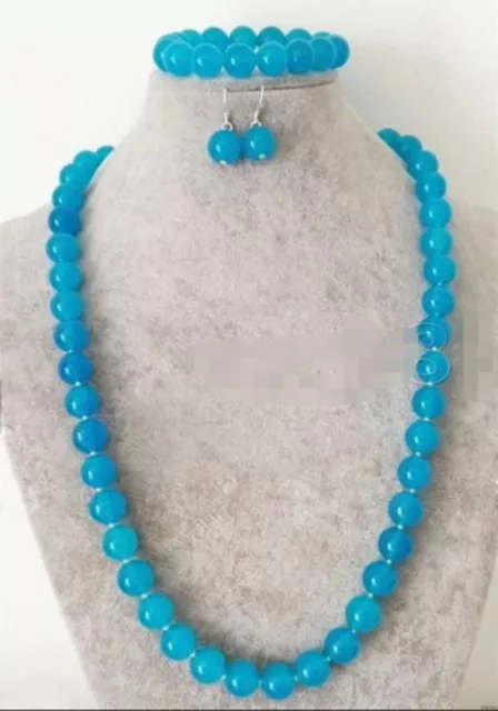 Natural 10mm Blue Topaz Round Gemstone Beads Necklace Bracelet Earrings Set
