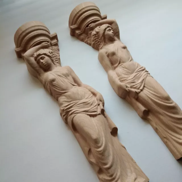 Pair Wood Carved Corbel Aphrodite Greek Sculpt Candle holder Fireplace Balusters