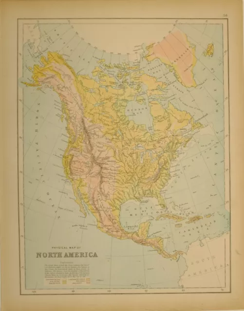 1897 Antique Map North America Land Heights Alaska Central America Cuba Jamaica