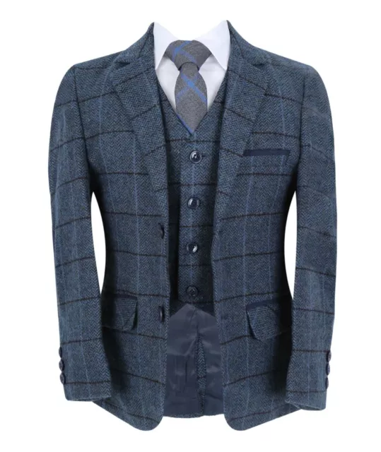Boys Tailored Fit Herringbone Tweed, Check Formal, 3 Piece Suit Set in Blue
