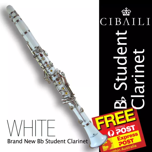 WHITE Bb CLARINET • With Case • Best Student Quality • BRAND NEW • FREE EXPRESS