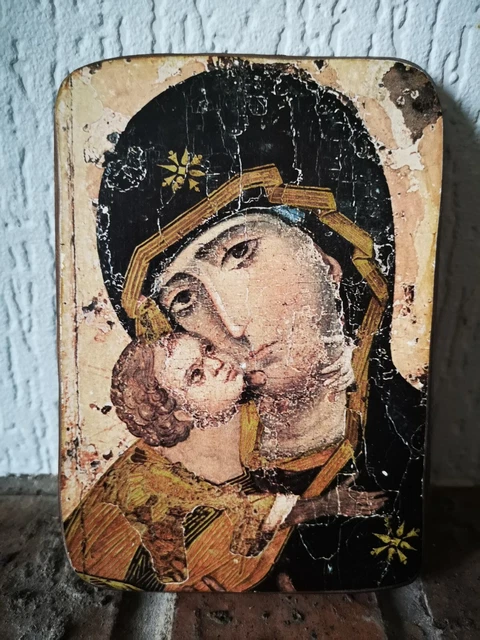 Icône Religieuse Vierge à L'Enfant Sur Bois - Crèche De Chource (10) 10,5x15cm
