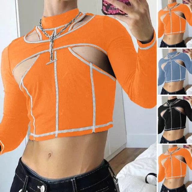 Mens Womens Long Sleeve Cut Out Crop Tops Sexy Skinny Ribbed T Shirt Blouse Tees