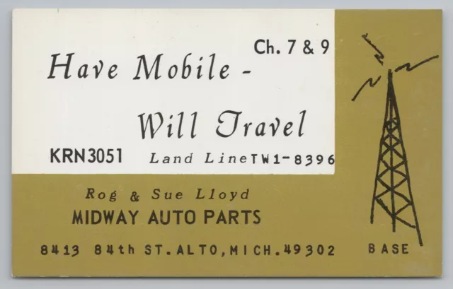 Alto Michigan~Midway Auto Parts~Ham Radio Tower~Rog Lloyd Gold QSL KRN3051~1950s