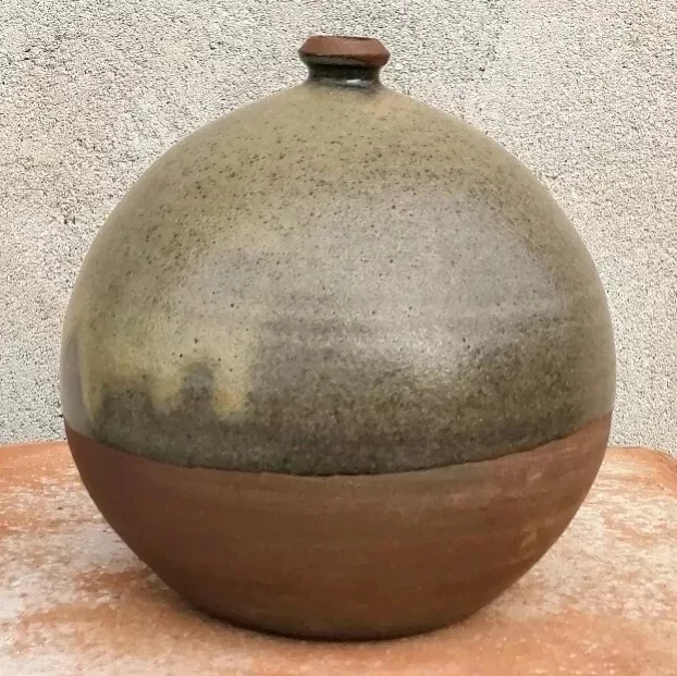 Vase Boule 16cm Signé en Grès Vert et Brun éra Joulia, Jouve, Ruelland La Borne