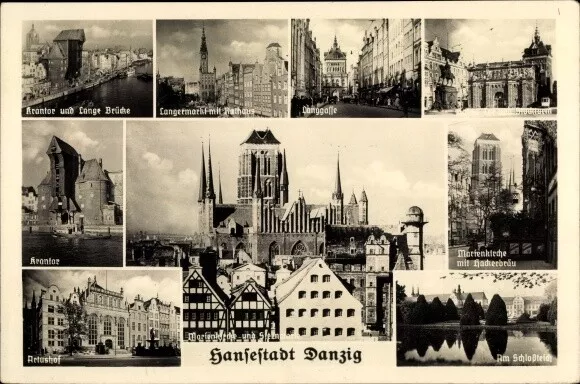 Ak Gdańsk Danzig, Krantor, Artushof, Marienkirche, Lange Gasse - 10869414