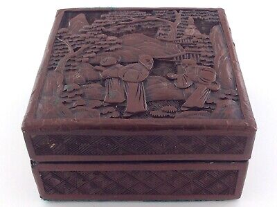 Antique Cinnabar Lacquer Wood Box Carved Chinese Figures Late 19th Century T966
