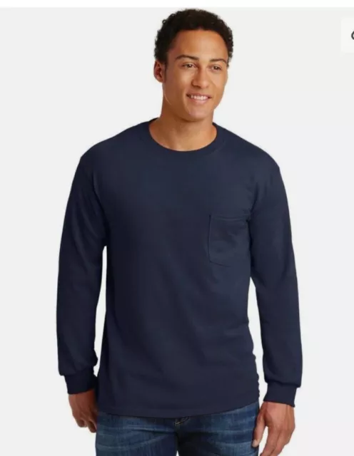 Navy Large New Gildan Men's Ultra Cotton Long Sleeve Pocket T-Shirt Blank Tee