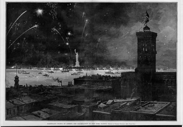 Bartholdi's Statue Of Liberty Fireworks Illumination Of New York Harbor Boats