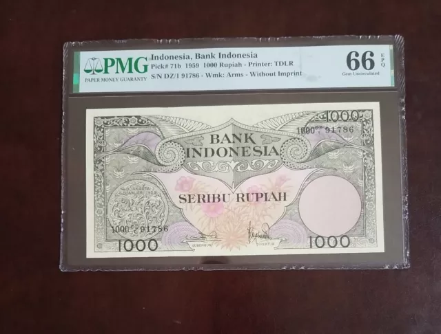 Indonesia 1000 Rupiah 1959 P 71 b GEM UNC PMG 66 EPQ without imprint