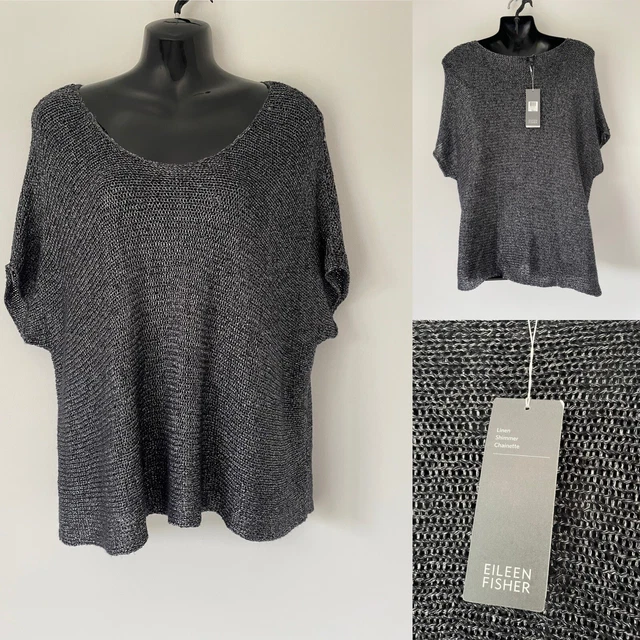 Eileen Fisher Platingrau Offener Strick Leinenmischung Schneide Top Grösse S/P Uk 10 12