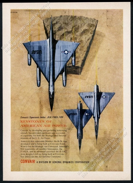 1957 USAF B-58 F-102 A F-106 3 plane art Convair vintage print ad