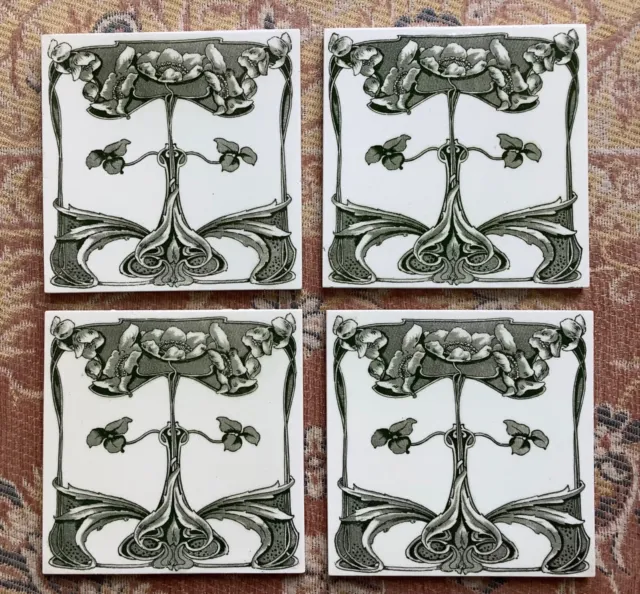 Set of 4 Antique Art Nouveau Transfer Printed Tiles
