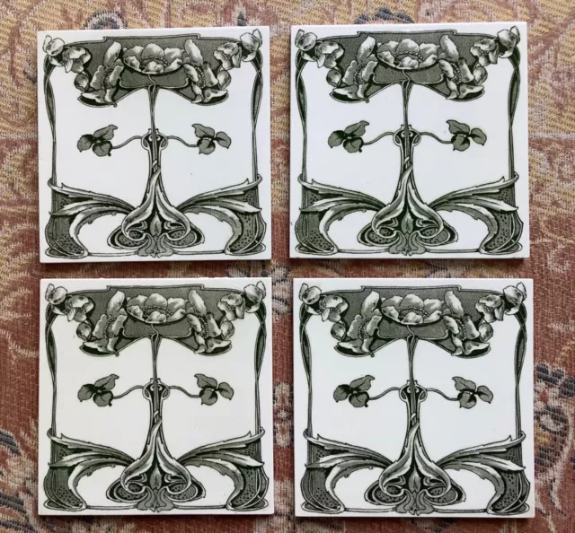 Set of 4 Antique Art Nouveau Transfer Printed Tiles