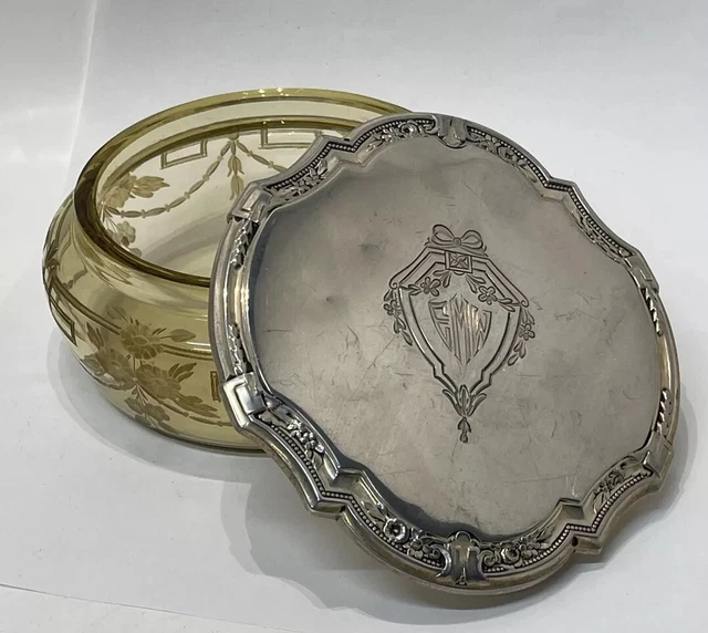 Antique Sterling Silver Covered & Yellow Glass Vanity Jar -Top 92 Grams.