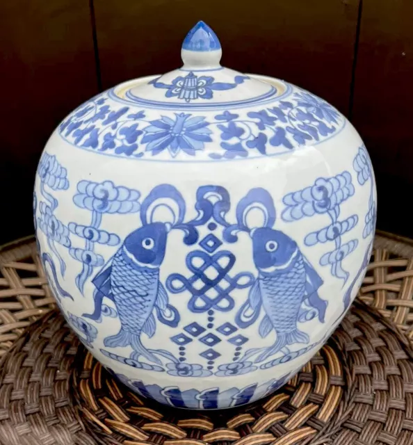 Asian Lidded Ginger Jar Vase Blue White Porcelain Koi Fish Traditional Symbols