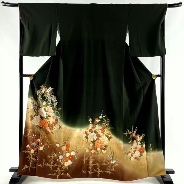 Japanese kimono  "Iro-TOMESODE", Gold leaf, Flower basket, Deep green,5' 4".3270