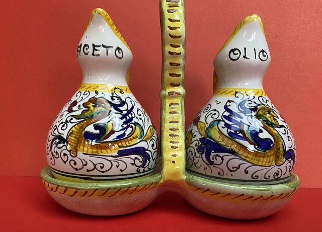 DERUTA Italian Pottery  Italy Oil & Vinegar Set W/Caddy and stoppers