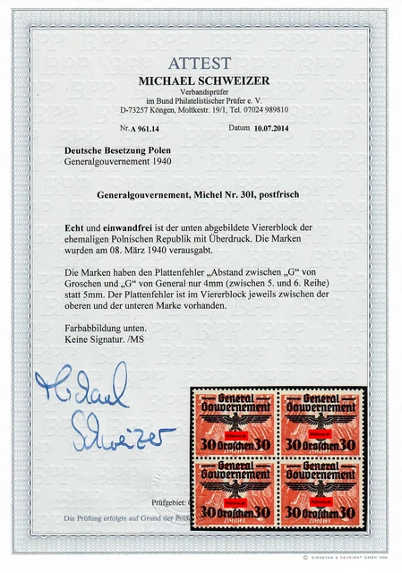 GG MiNr. 30I, Viererblock, postfrisch, 2x Plattenfehler mit BPP Attest