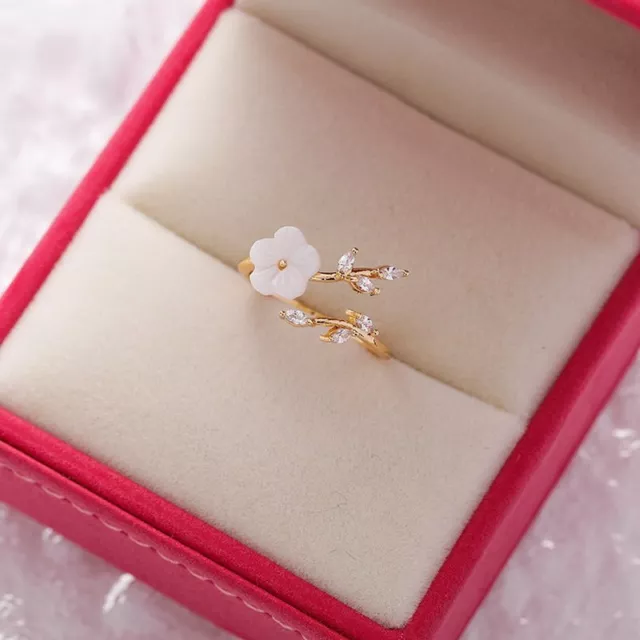 14k Gold Plated Zircon Shell Flower Finger Ring Women Wedding Adjustable Ring