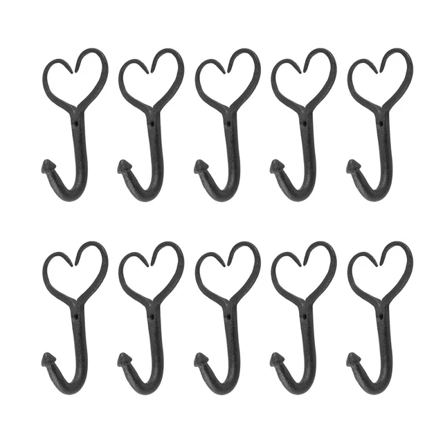 Black Wrought Iron Heart Style Wall Mount Hooks 4" L Metal Hanger Pack of 10