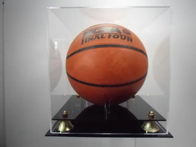 Basketball Display Case acrylic with two-tier black base. Gold corner risers NBA