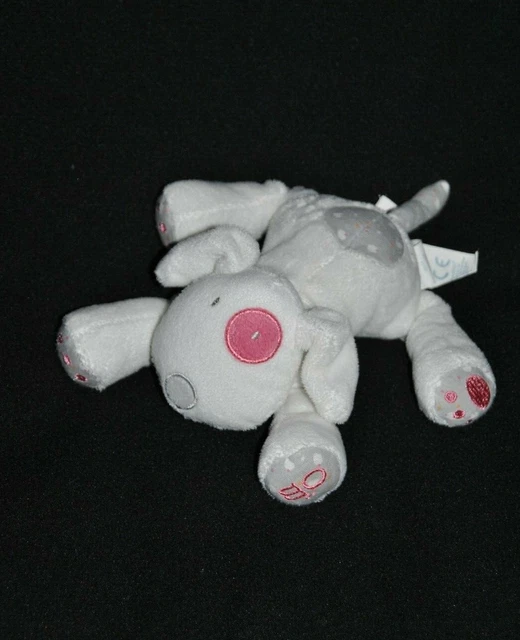 Peluche doudou chien blanc OBAIBI OKAIDI cocard rose pattes gris 22 cm  TTBE