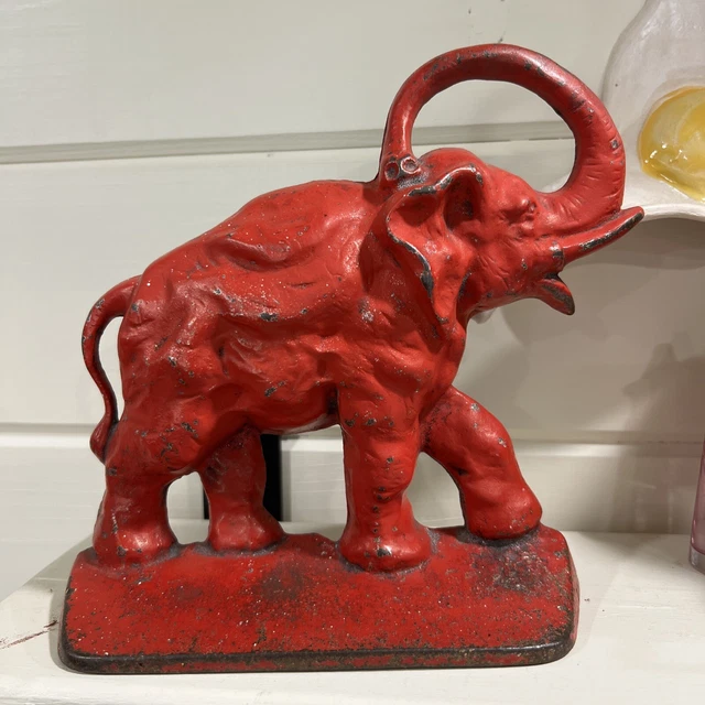 ANTIQUE VINTAGE PAINTED Cast Iron Doorstop Elephant Statue 3.9lbs 1930s