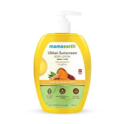 Loción corporal protector solar Mamaearth Ubtan FPS 30 con cúrcuma y azafrán 300 ml