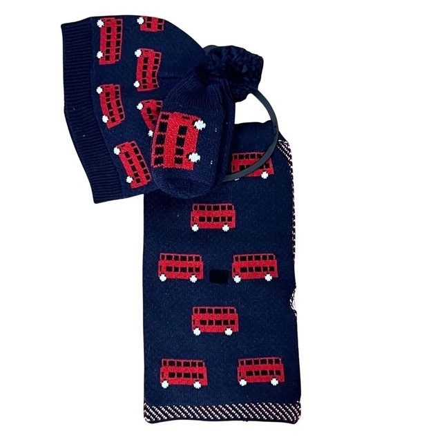 Set sciarpa e guanti cappello bambini M&S blu e rosso stampa autobus a due piani 6-18 mesi