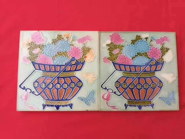 2 Piece Old Art Flower Butterfly Design Majolica Ceramic Tiles Japan 0076