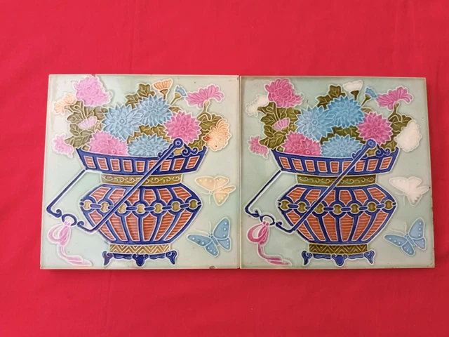 2 Piece Old Art Flower Butterfly Design Majolica Ceramic Tiles Japan 0076
