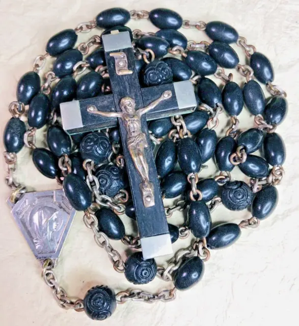 Antique/Vintage Rosary France, Bakelite, Brass/Wood Crucifix, 27", 37 grams