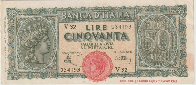 Italy 50 Lire 10.12.1944 Extra Fine-Choice Very Fine Pick#74-A"Free US Shipping