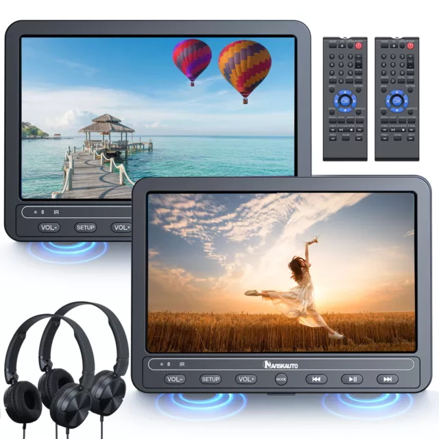 2x10,5" Auto DVD Player 2 Monitore Kopfstütze Fernseher AKKU USB Mit 2 Kopfhörer