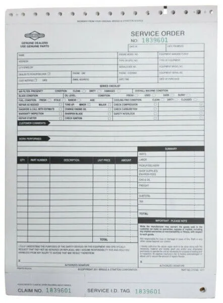 Briggs & Stratton Bulk Pack of 200 Service Repair Order Forms (273180)